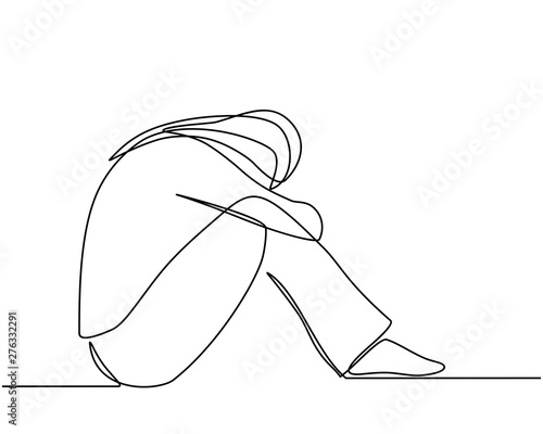 Continuous line drawings of young woman feeling sad, tired and worried about suffering from depression in mental health. problems, failures and concepts of heartbreak isolated on white background