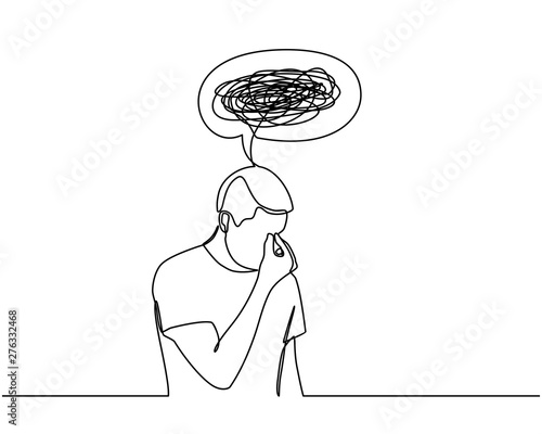 Continuous line drawings of man feeling sad, tired and worried about suffering from depression in mental health. problems, failures and concepts of heartbreak isolated on white background