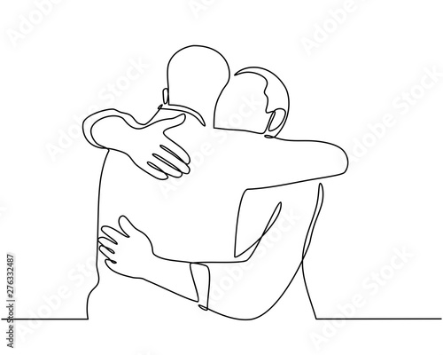 Continuous line drawings of cheerful friends embracing each other. Two young guys hugging each other. Feel happy friends meet with hugs isolated on white background. hugging. embracing. Vector