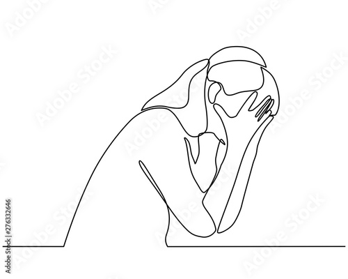 Continuous line drawings of young woman feeling sad, tired and worried about suffering from depression in mental health. problems, failures and concepts of heartbreak isolated on white background