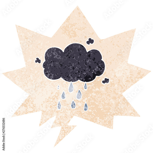 cartoon cloud raining and speech bubble in retro textured style