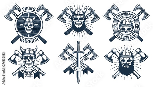 Viking warrior mascot set. Battle axes and shields on the Viking emblems. Vector retro illustration.