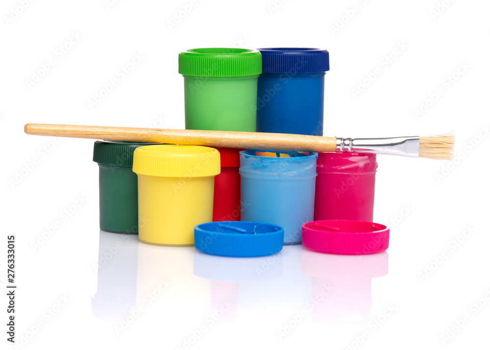 Set of Colorful Gouache jars and artist brushes isolated on white background with copy space. Cans of different colors gouache paints. Set of Colorful Gouache jars and artist brushes isolated on white background with copy space. Cans of different colors gouache paints.