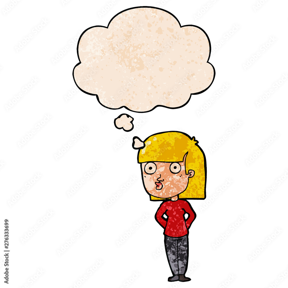 cartoon woman staring and thought bubble in grunge texture pattern style cartoon woman staring and thought bubble in grunge texture pattern style