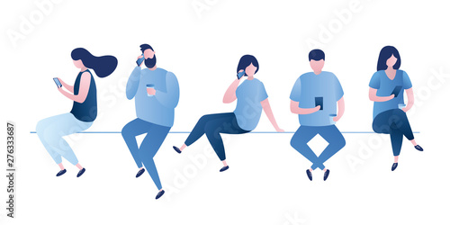 People sit in different poses,male and female characters with smartphones