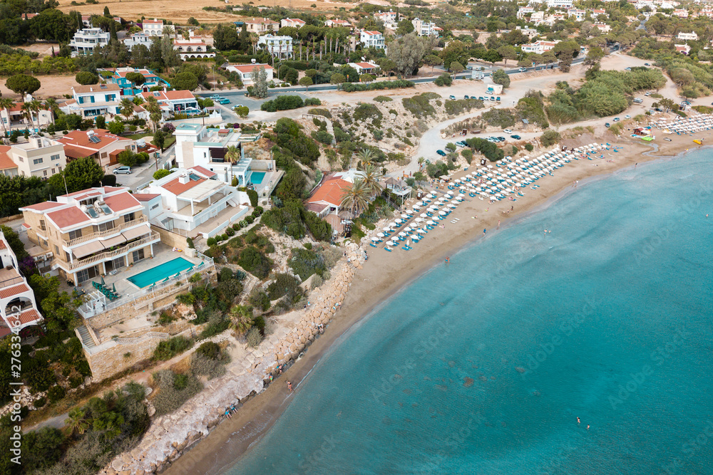 Aerial beautiful beach with crystal clear water, Coral Bay, Cyprus