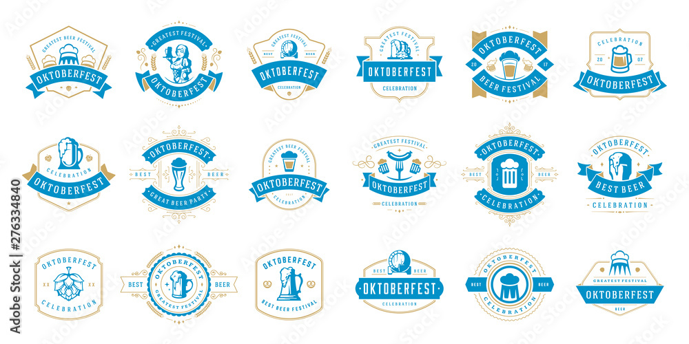 Oktoberfest badges and labels set vintage typographic design vector templates. Willkommen