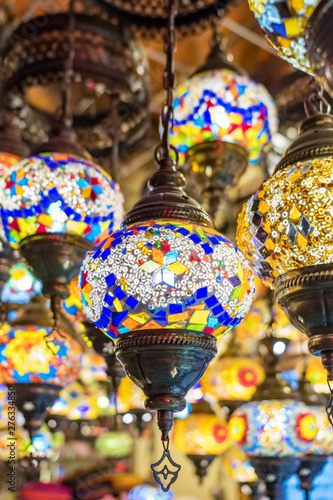 Variety of colorful turkey glass lamps for sale in Cappadocia, Turkey.