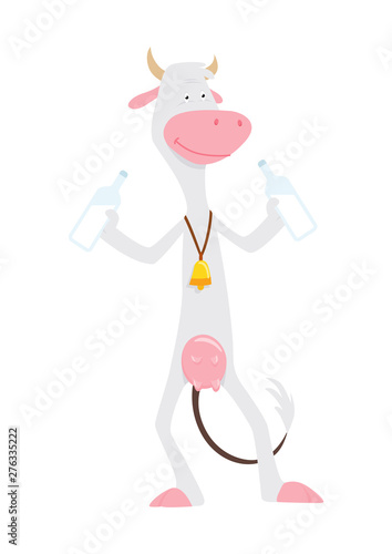 A thin cow drinks milk with a bell on his neck. Illustration of cow drinking milk on white background.