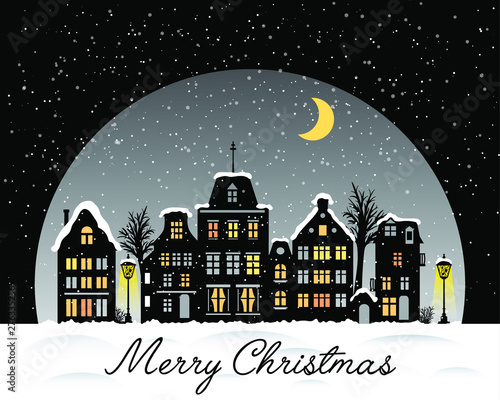 Merry Christmas. Snowfall over the night city. Stylized facades of buildings in old European style. Silhouette houses in Amsterdam at twilight. Flat vector illustration in typical dutch fashion.