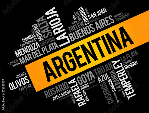 List of cities and towns in Argentina, word cloud collage, business and travel concept background