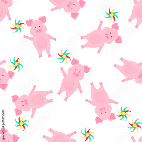 Cute pig walks and keeps a pinwheel toy. Funny animal. Piggy Cartoon Character seamless pattern for the decoration of the nursery for a girl or boy  for the design of kids clothing  things