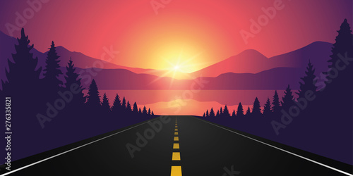 road to the lake in the forest at sunrise with mountain landscape vector illustration EPS10