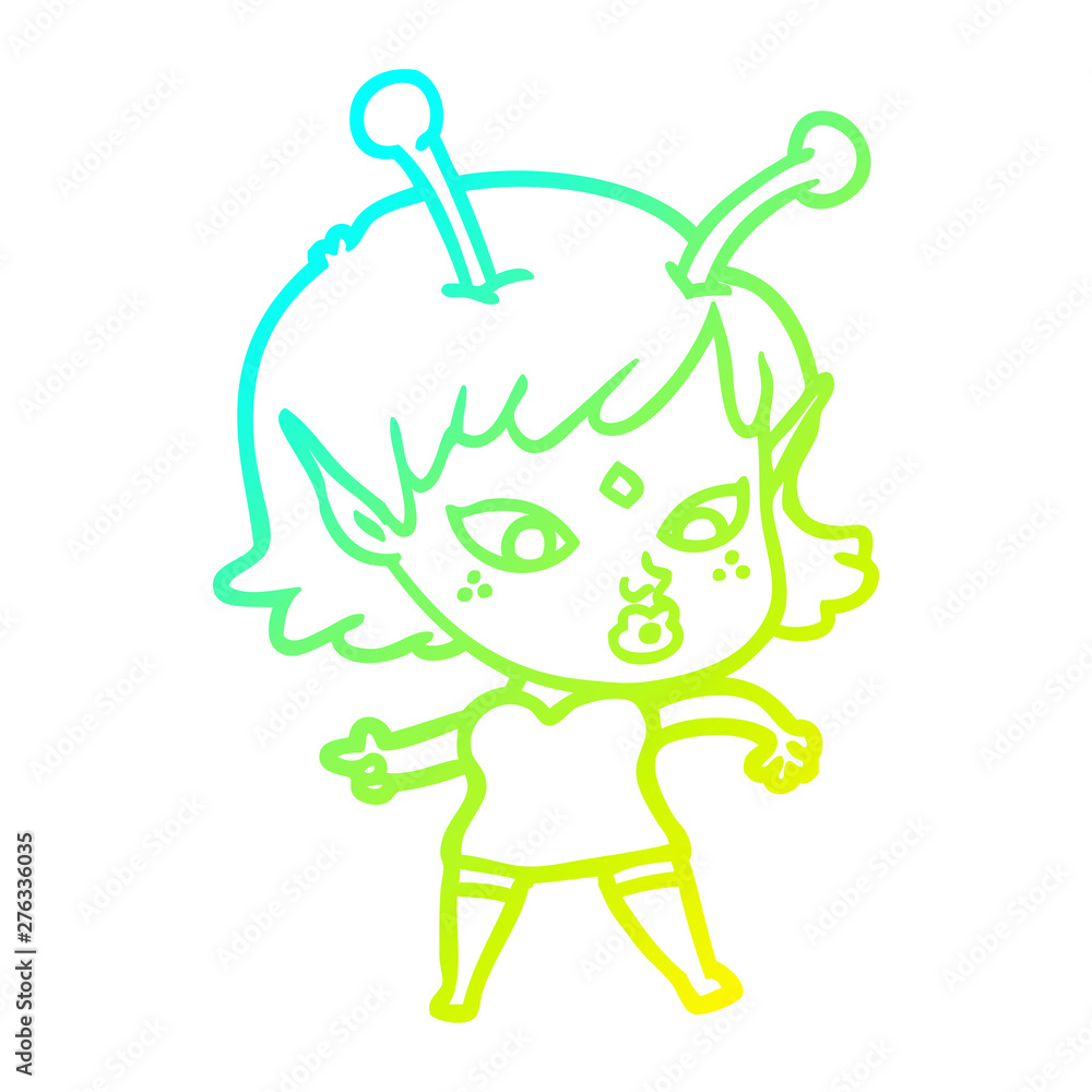Fototapeta premium cold gradient line drawing pretty cartoon alien girl