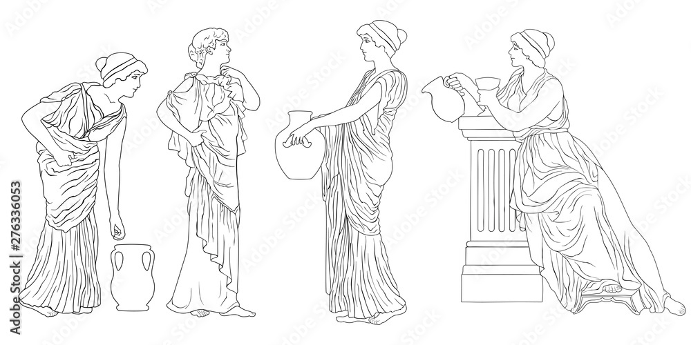 A set of vector images of women of ancient Greek style isolated on white background. A set of vector images of women of ancient Greek style isolated on white background.