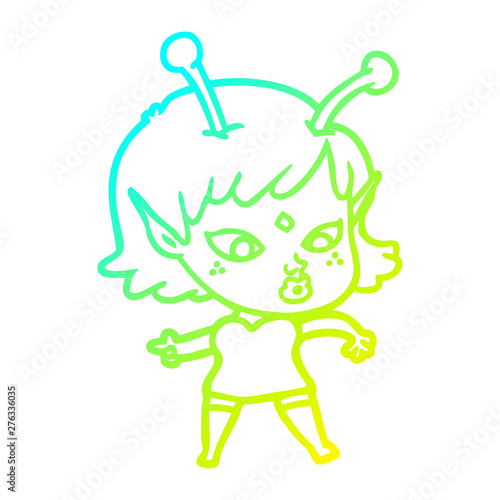 cold gradient line drawing pretty cartoon alien girl