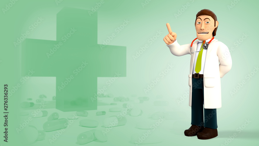 Cartoon 3d doctor with a stethoscope smiling and pointing his right index finger up on a green background with medical cross and pills 3d rendering Cartoon 3d doctor with a stethoscope smiling and pointing his right index finger up on a green background with medical cross and pills 3d rendering