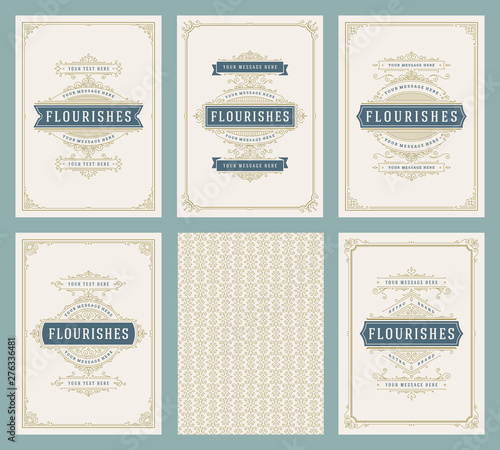 Vintage ornament greeting cards set vector templates.