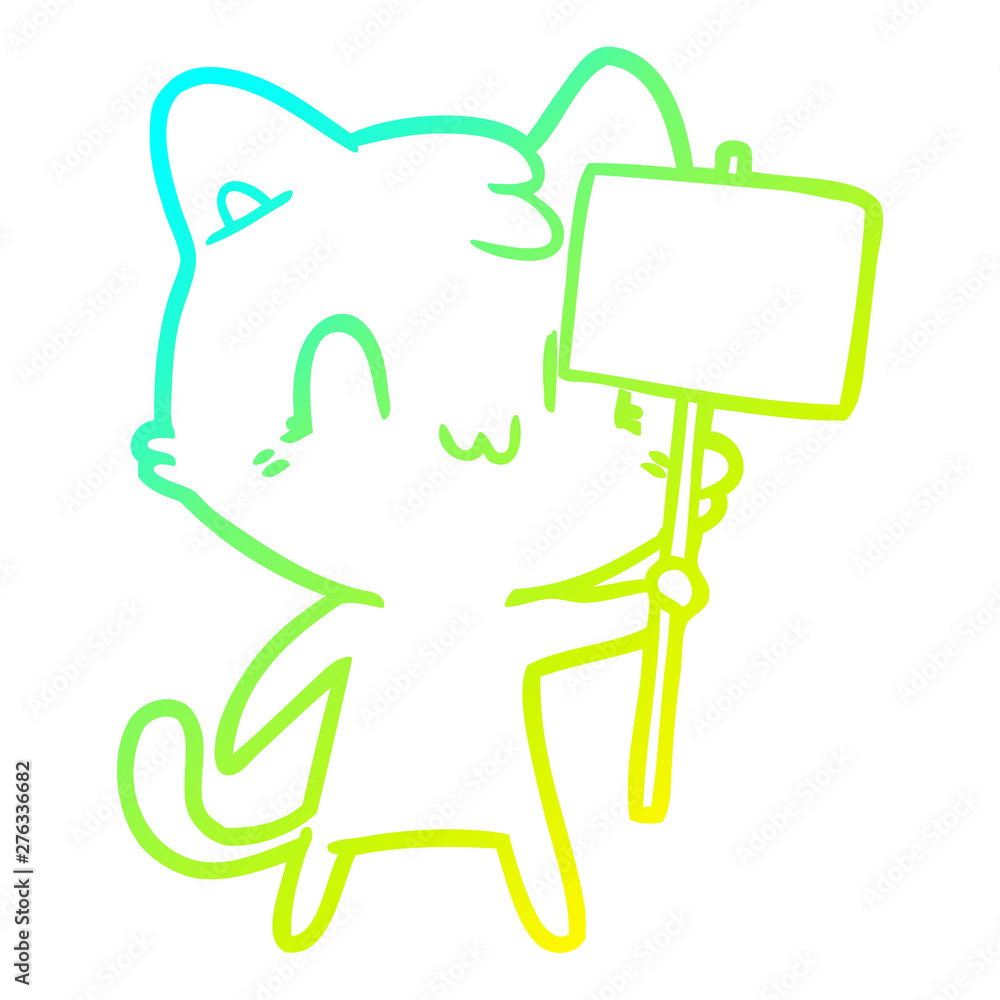 cold gradient line drawing cartoon happy cat with blank sign cold gradient line drawing cartoon happy cat with blank sign