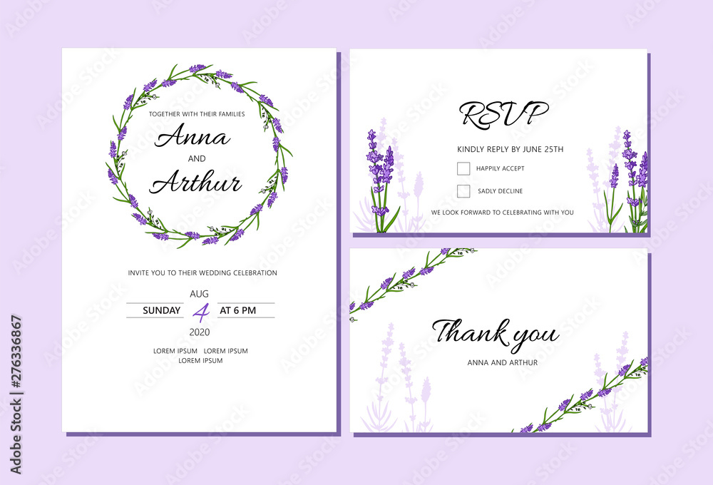 Set of Lavender Wedding invitations set. Doodle illustrations.