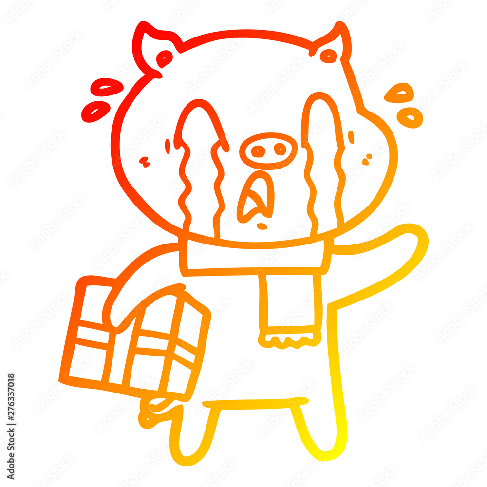 warm gradient line drawing crying pig cartoon delivering christmas present