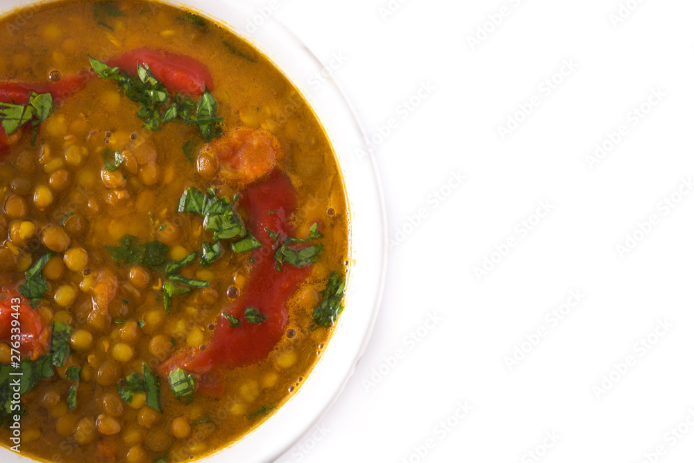 Indian lentil soup dal (dhal) in a bowl isolated on white background. Top view. Copyspace Indian lentil soup dal (dhal) in a bowl isolated on white background. Top view. Copyspace