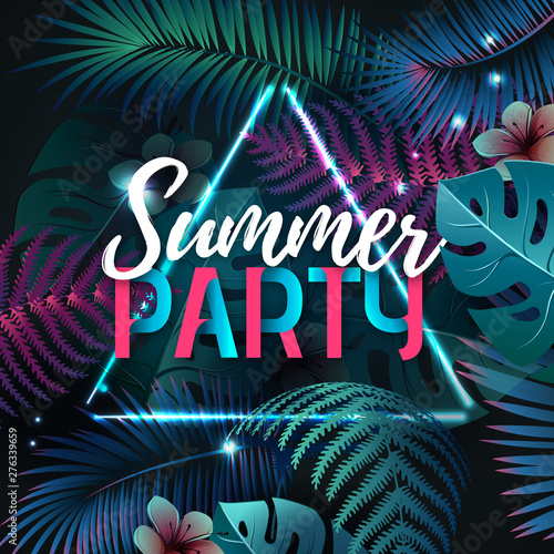 Summer party typography poster with fluorescent tropic leaves. Nature concept