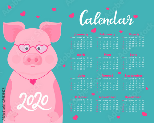 Calendar for 2020. Week start on Sunday. Cute pig with glasses and heart-shaped pendant. Funny animal.
