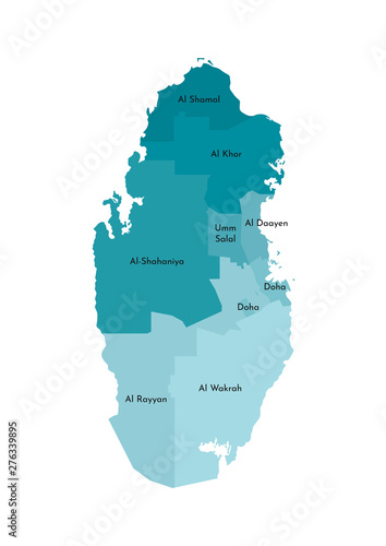 Vector isolated illustration of simplified administrative map of Qatar. Borders and names of the regions. Colorful blue khaki silhouettes