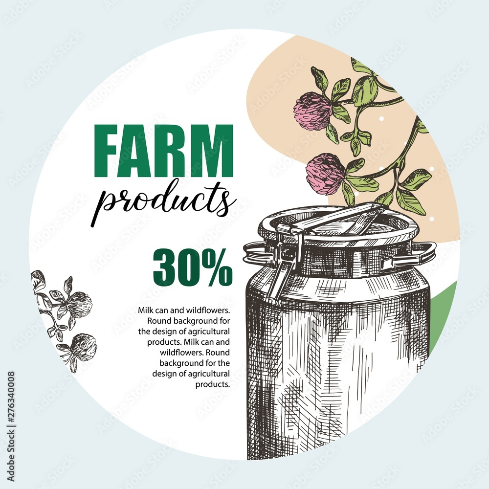 Milk can and wildflowers. Round background for the design of