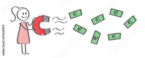 Stick Figure - woman with magnet - money bill