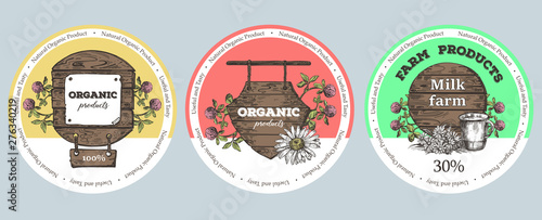 Wooden sign, wildflowers and metal mug. Sketch style illustration. Suitable for the design of natural products. Set of round backgrounds.
