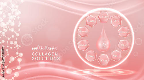 Hyaluronic acid plus multivitamins and mineral skin solutions ad, pink collagen serum drop with cosmetic advertising background ready to use, illustration vector.