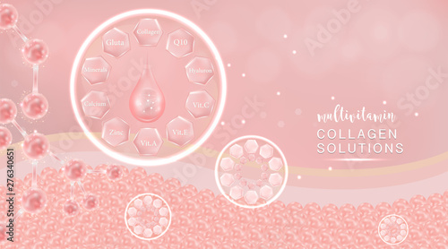 Hyaluronic acid plus multivitamins and mineral skin solutions ad, pink collagen serum drop with cosmetic advertising background ready to use, illustration vector.