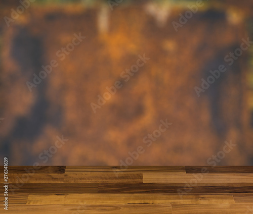 blank wooden table. Flooring. Old texture rusty metal. Background