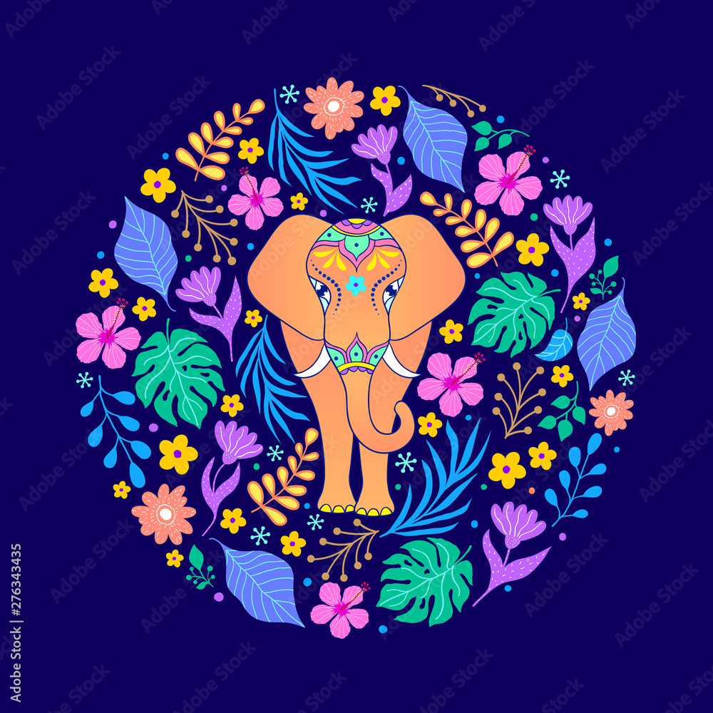 card with elephant and flowers - obrazy, fototapety, plakaty 