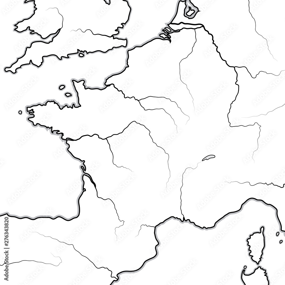 Fototapeta premium Map of The FRENCH Lands: France & its regions (Île-de-France, Champagne, Normandie, Bretagne, Aquitaine, Occitanie, Provence, Burgundy, Lorraine, Elsass). Geographic chart with coastline and rivers.