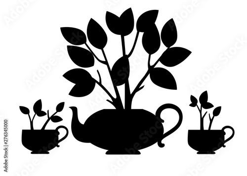 Black silhouette ceramic teapot and two cup with tea bush growing out of it flat vector illustration on white background