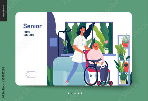Medical insurance - senior home support - modern flat vector concept digital illustration -a nurse rolling a wheel chair with a senior patient at his home. Home medical service, part of insurance plan