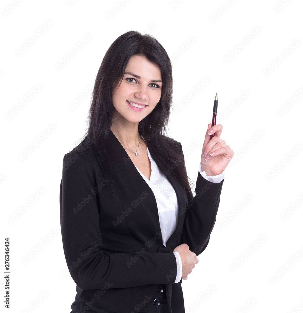 business woman pointing with pen on copy space business woman pointing with pen on copy space