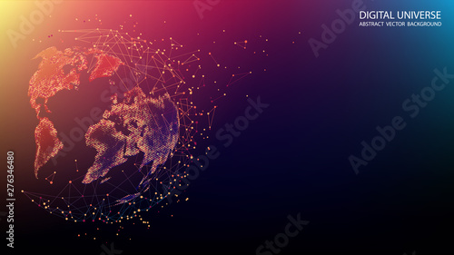 Map of the planet. World map. Global social network. Future. Vector. orange and blue futuristic background with planet Earth. Internet and technology. Abstract image of dots and lines.