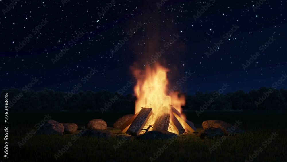 animation of big bonfire with sparks and particles in front of forest and starry sky