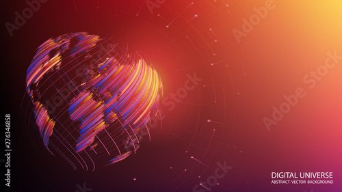 Abstract brown and orange background. Planet Earth created by brush strokes. Vector. Colorful sphere. Geographic map. Global network of points and lines. Technology and communication. Internet.