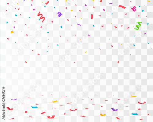 Confetti background. Red, blue and yellow confetti isolated on transparent background. Falling confetti. 