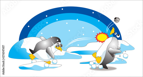 two penguin playing  snow thrower but someone mistake a rock Instead of snow vector illustration isolated cartoon hand drawn