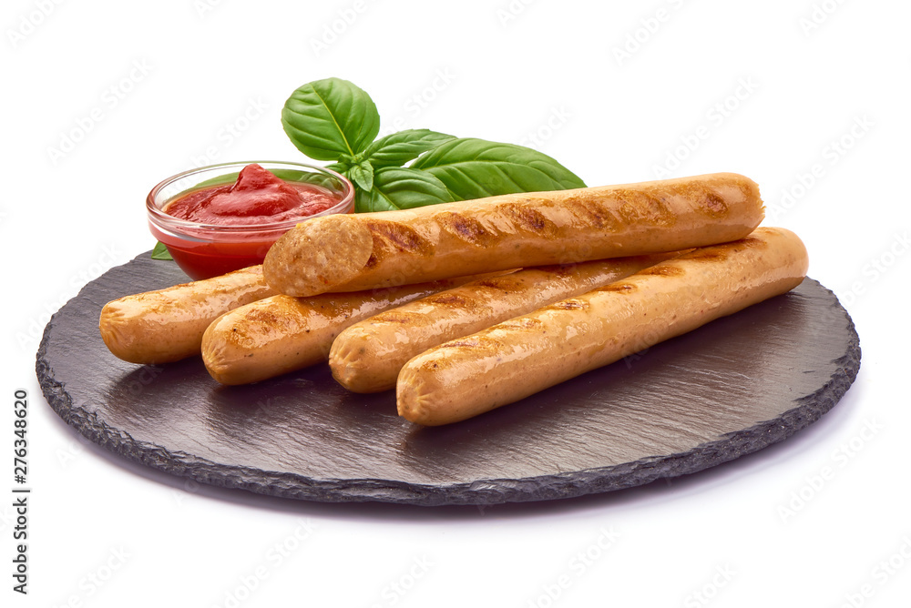 Grilled chicken sausages, close-up, isolated on white background Grilled chicken sausages, close-up, isolated on white background