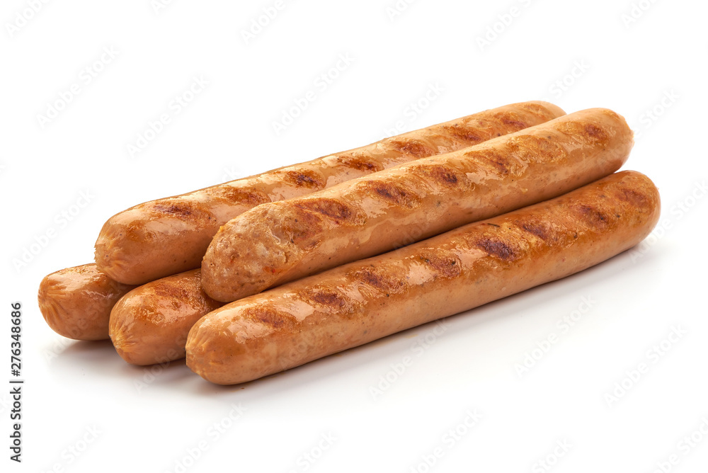 Grilled chicken sausages, close-up, isolated on white background Grilled chicken sausages, close-up, isolated on white background