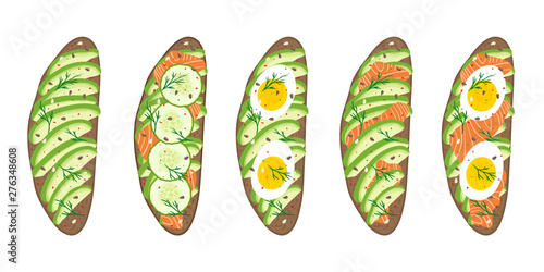 Set of delicious avocado, salmon, cucumber and egg sandwiches isolated on white background. Healthy delicious sandwiches with fresh dark rye rustic bread loafs. Clean eating. Vector hand drawn illustr