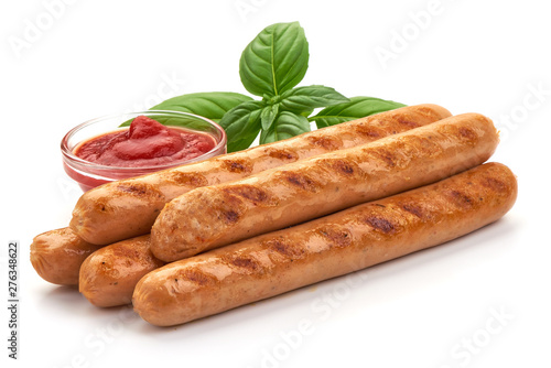 Grilled chicken hot dog sausages, close-up, isolated on white background