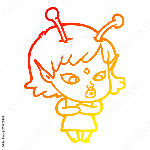 warm gradient line drawing pretty cartoon alien girl